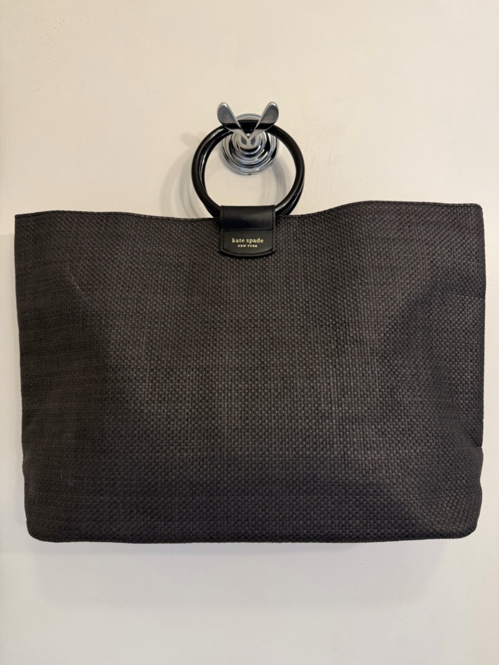 kate spade Black Woven Tote with Gold Logo and Ring Handles
